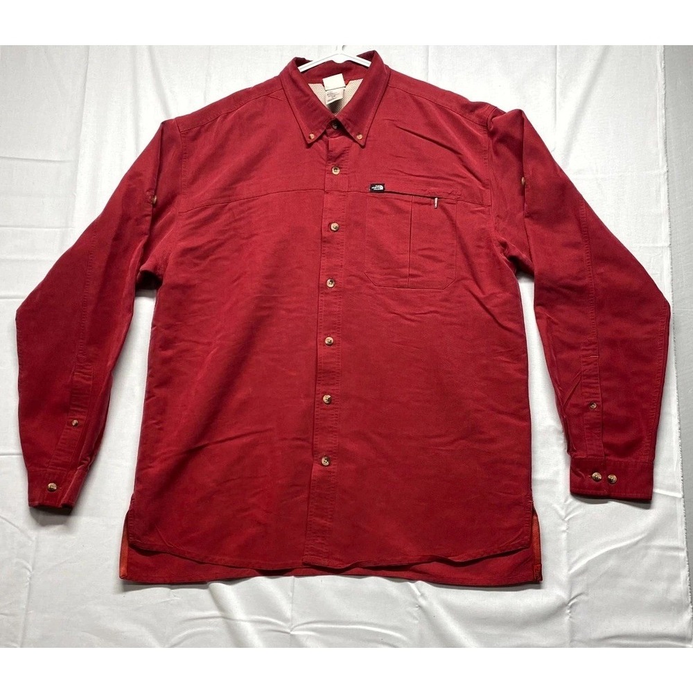The North Face Shirt Mens Large Red Cotton Mesh Lined Logo Pleated Button Down